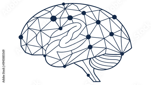Neural network brain illustration with geometric mesh and nodes on white background