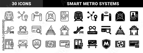 Hybrid transit and smart city infrastructure icons featuring subway train with digital clock map with location pin and biometric security gate