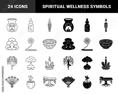 Wellness and Holistic Healing Hybrid Symbols Featuring Zen Meditation Figures Sage Smudge Sticks Crystal Candles and Yoga Tree Poses