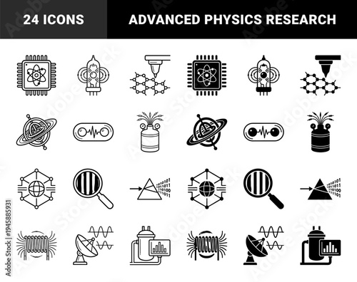 Quantum physics and advanced laboratory research symbols featuring particle acceleration atoms laser diffraction and molecular engineering concepts