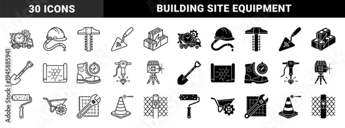 Construction and Engineering Hybrid Icons Merging Industrial Tools with Smart Technology Symbols for Infrastructure Development and Site Management