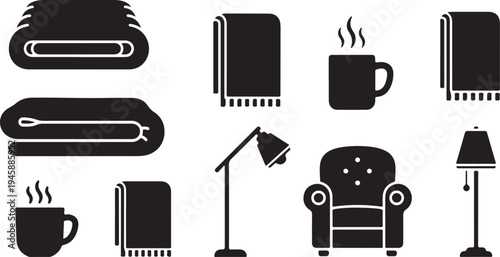 Cozy home decor icons for relaxation and comfort at home