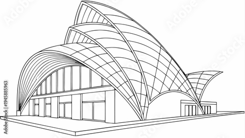 Parametric design mesh sculpture with smooth curved grid lines and geometric shapes in a futuristic architectural style