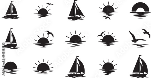 Sailboats and Seagulls Silhouettes at Sunset on Water Scene