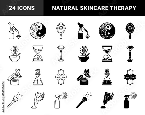 Abstract Beauty and Wellness Symbols Merging Skincare Products with Natural Elements like Butterflies Leaves and Alchemy Tools in Dual Line and Solid Style