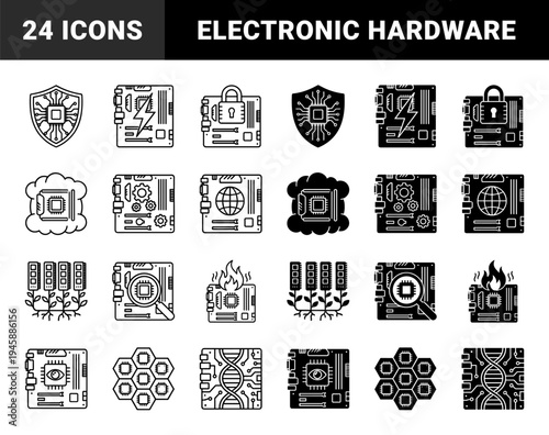 Hardware circuit board icons featuring hybrid metaphors for cybersecurity cloud computing data growth and genetic engineering in outline and solid styles