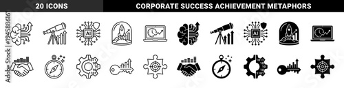 Black and white hybrid business growth and strategic planning icons featuring brain circuitry rocket launches and data visualization metaphors