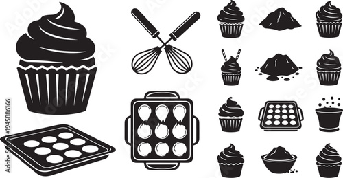Black and white cupcake baking illustration set with tools