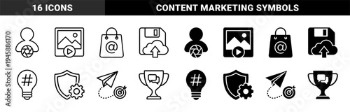 Hybrid Digital Marketing and Content Strategy Icon Collection Featuring Conceptual Mergers of Social Media Symbols and Analytical Tools