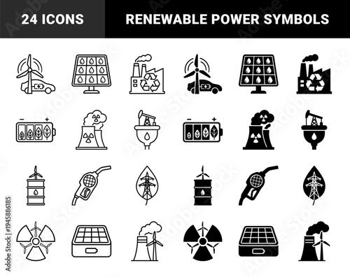 Sustainable Energy Hybrid Concept Icons Merging Renewable Wind Turbines with Electric Vehicles Solar Panels and Nuclear Power Plant Symbols