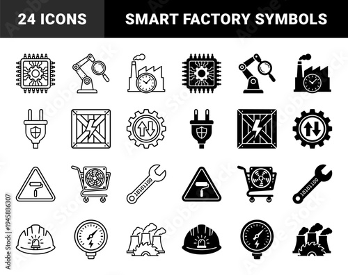 Industrial Smart Manufacturing Icons Featuring Hybrid Concepts Like Factory Clock Robotic Magnifier And Binary Wrench In Outline and Solid Styles