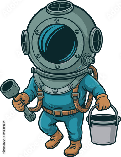 Cartoon deep-sea diver, vintage diving suit, large helmet, holding plunger, metal bucket, blue suit, whimsical underwater humor, brown boots