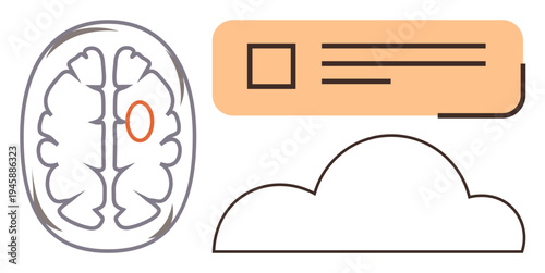 Neurotechnology, cloud storage, data transfer, cognitive science, brain health, AI solutions. Brain illustration, cloud icon and digital interface. Neurotechnology and cloud storage concepts