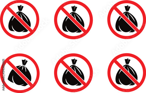 No trash bags icons set with red prohibition signs