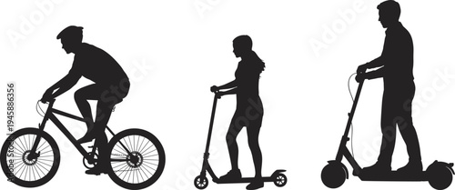WebVector illustration of personal transportation silhouettes, bicycle rider, kick scooter user, electric scooter commuter, eco-friendly mobility, urban travel, lifestyle, design
