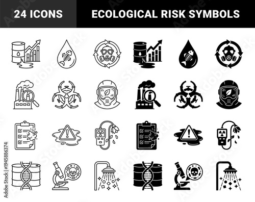 Hybrid environmental pollution and biohazard risk icons featuring merged industrial waste symbols with organic and ecological safety elements