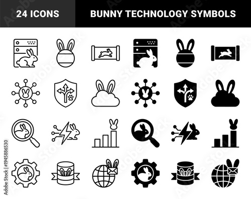 Hybrid rabbit and computing technology icons featuring bunny ears integrated with server racks cloud database gear and magnifying glass symbols