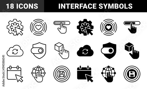 Hybrid interface interaction icons merging digital actions with physical symbols like gear flower heart cloud shield cube calendar globe and floppy disk