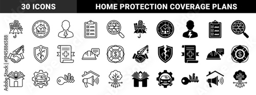 Disaster recovery and property insurance hybrid icons featuring damaged buildings with umbrellas broken shields and automotive repair gears