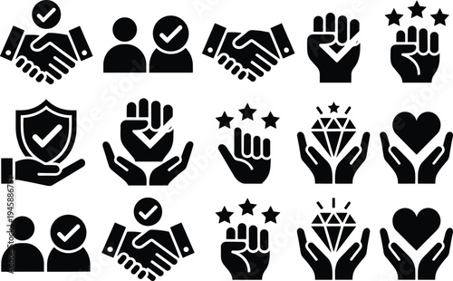 business partnership and trust icon set, handshake approval protection and support symbols collection, teamwork success rating vector solid ui icons