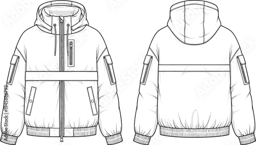 Technical Fashion Sketch of Puffer Jacket, Hooded Winter Coat Mockup, Front and Back View, CAD Drawing Flat Vector Illustration, Streetwear Design.