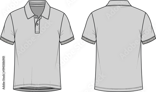 Blank gray men's polo shirt technical cad drawing flat vector illustration, short sleeve fashion template front and back view mock-up