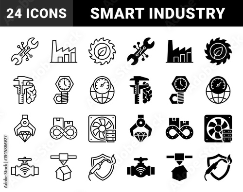 Industrial Smart Manufacturing Hybrid Icon Set Featuring Circuit Wrench Eco Factory Brain Caliper Global Speedometer and Automated Robot Arm