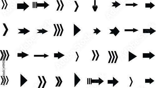 A comprehensive collection of diverse black arrow icons arranged on a pristine white background