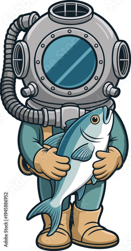 Cartoon deep-sea diver, vintage diving suit, large helmet, holding blue fish, gloves, boots, underwater exploration, whimsical fishing scene