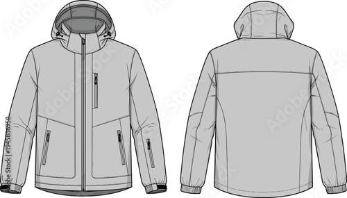 Men hooded winter jacket technical fashion flat sketch, CAD drawing flat vector illustration with front and back views, outdoor sportswear apparel.
