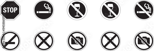 Black and white signs and symbols for no smoking drinking and photography