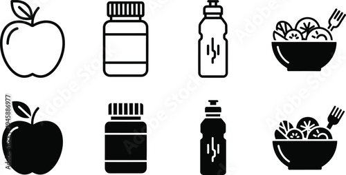 Healthy food and drink icons including apples pills water bottles and bowls of food