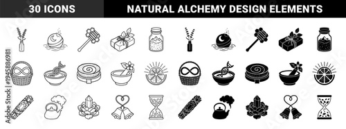 Hybrid mystical wellness icons combining organic elements like lavender and honeycomb with symbolic objects like DNA and hourglasses in dual styles