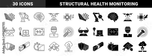 Advanced Structural Health Monitoring and Non Destructive Testing Icons Featuring Hybrid Sensor Integration and Composite Material Analysis Symbols