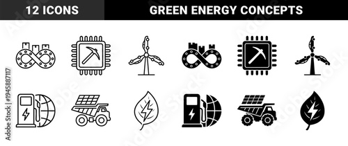 Sustainable industrial manufacturing and renewable energy concept icons featuring hybrid designs like wind turbine cars and solar panel mining trucks