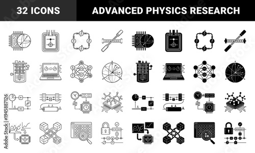 Quantum Computing and Physics Hybrid Icons Featuring Bloch Sphere Qubits Cryogenic Dilution Refrigerator Circuitry and Subatomic Particle Networks
