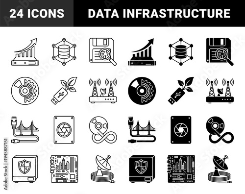 Hybrid Information Technology Concepts Featuring Data Server Growth Charts Hardware Floppy Disk Scanning and Network Bridge Connectivity Elements