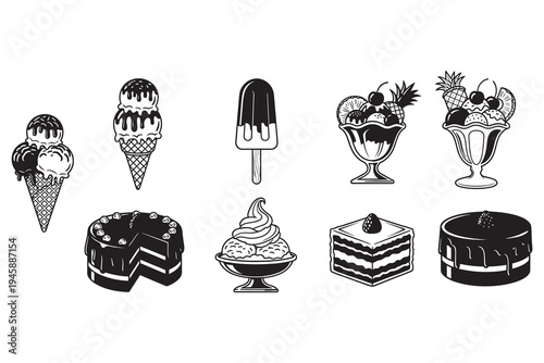 Black and white illustration of assorted cake and dessert displays