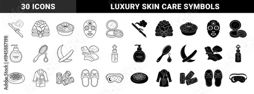 Luxury Wellness and Spa Beauty Care Line Art and Solid Silhouette Icon Set Featuring Hybrid Floral and Cosmetic Elements for Skin Care and Relaxation