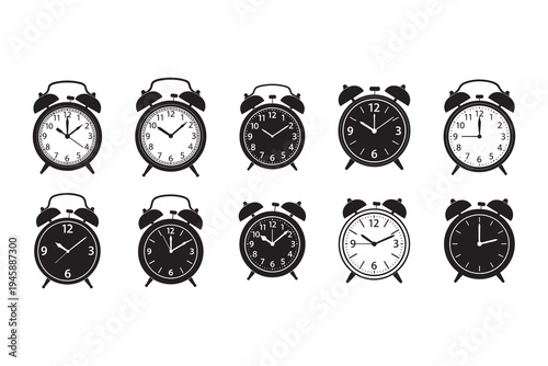 A collection of 8 black and white alarm clock illustrations with varying times