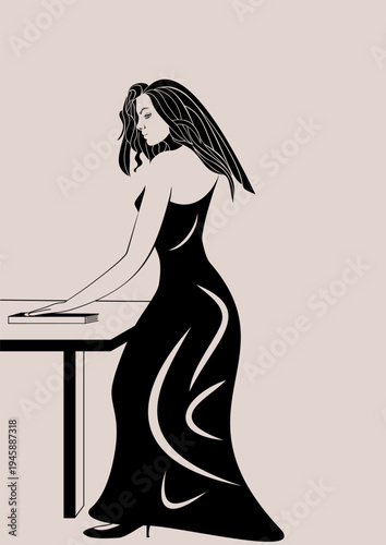 beautiful woman looking at a book elegant vector draw