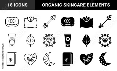 Organic Spa and Holistic Wellness Symbols Featuring Botanical Hybrid Elements with Skincare Product Outlines and Solid Minimalist Designs