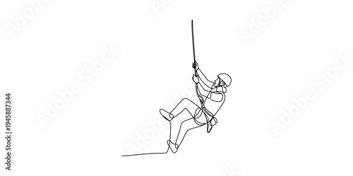 Minimalist one line illustration of an adventurer rappelling down a vertical cliff face with a rope. Vector, illustration
