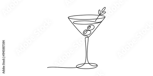 Minimalist single line drawing of a martini glass with olives and a garnish on a plain white background Vector, illustration