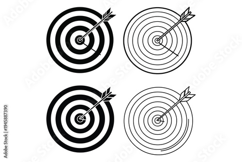 Four black and white target practice illustrations with arrows