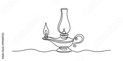 Continuous line drawing of a traditional magic oil lamp with a glowing flame and glass chimney. Vector, illustration