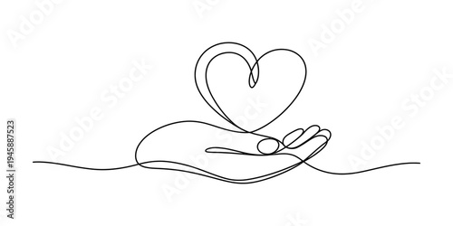 Continuous line drawing of a hand holding a heart symbol representing love and care Vector, illustration