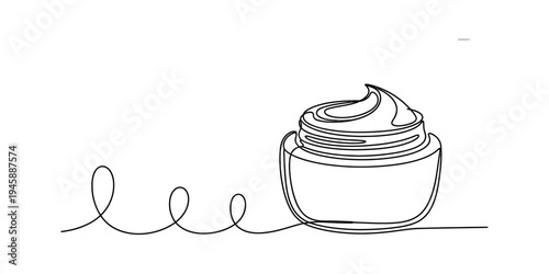 Continuous line drawing of a cosmetic cream jar with a swirl of lotion inside on a white background Vector, illustration