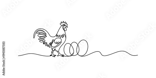 Continuous line drawing of a rooster standing next to three eggs on a white background. Vector, illustration