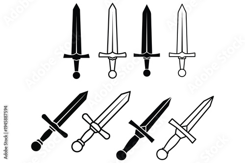 Collection of medieval swords and daggers in various styles and orientations